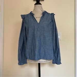 J. Crew Blue Ruffle chambray Blouse